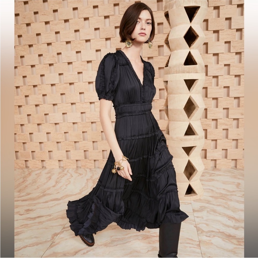Ulla Johnson Black Pleated Tiered Maxi Dress